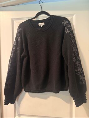 &merci Black Crewneck Sweater with Floral Sleeve Detail